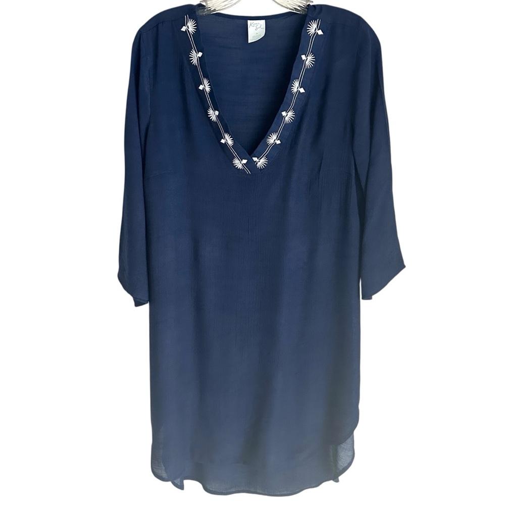 Kona Sol Navy Blue Embroidered V Neck Swim Cover Up Size Medium